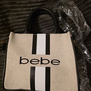 bebe Beige Canvas Tote with Black & White Stripe